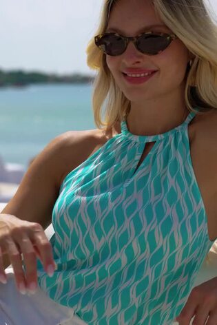 Sosandar Blue Geometric Print Halter Neck Top - Image 2 of 6