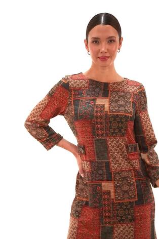 Roman Orange Patchwork Print Shift Stretch Dress - Image 2 of 6