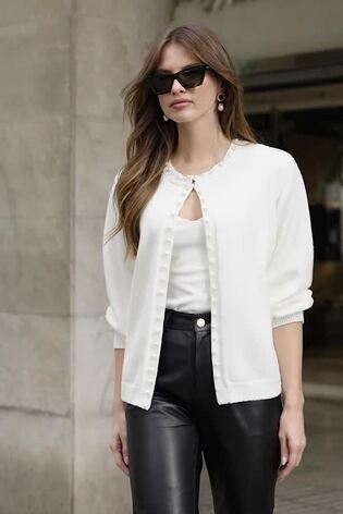 Sosandar White Pearl Embellished Trim Cardigan - Image 2 of 6