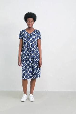 Seasalt Cornwall Blue Brush Drawing V-Neck Jersey Dress - Image 2 of 5