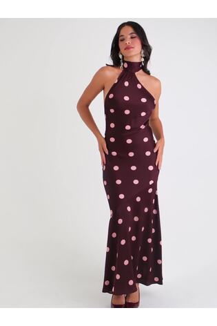 Amy Lynn Brown Baia Premium Satin Polka Dot Halter Maxi Dress - Image 2 of 9 Amy Lynn Brown Baia Premium Satin Polka Dot Halter Maxi Dress - Image 2 of 9