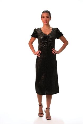 Roman Black Velvet Ruched Front Stretch Midi Dress - Image 2 of 6