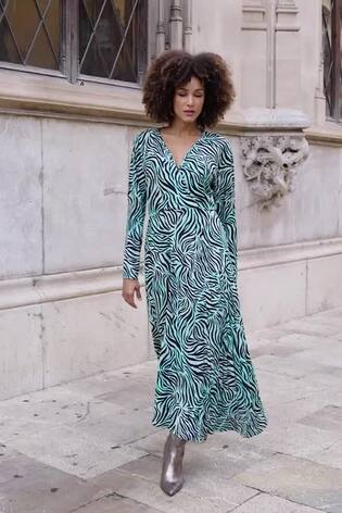 Sosandar Blue Zebra Print Pleated Wrap Front Dress