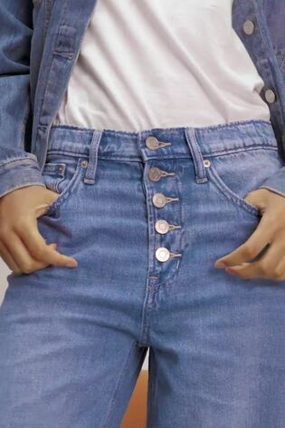 Mid Wash Blue High Waisted Raw Hem Wide Leg Jeans - Image 2 of 7
