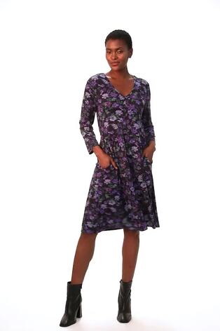Roman Purple Floral Print Button Detail V-Neck Dress - Image 2 of 6