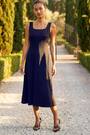 Roman Black Square Neck Pleated Midi Dress - Image 2 of 5