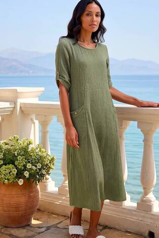 Roman Green Textured A-Line 100% Cotton Midi Dress - Image 2 of 5
