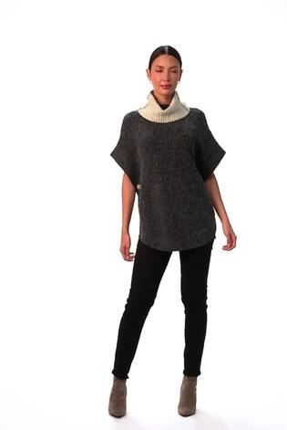 Roman Black Contrast Roll Neck Button Knit Poncho - Image 2 of 7