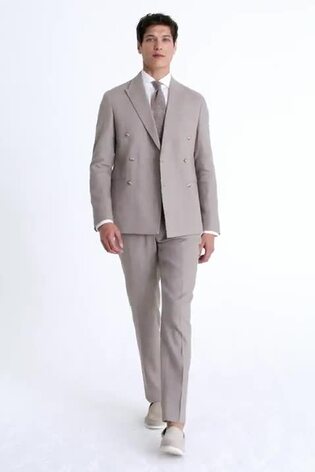 MOSS Slim Fit Taupe Matte Linen Double Breasted Grey Jacket