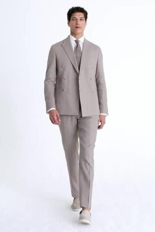 MOSS Taupe Natural Slim Fit Linen Double Breasted Jacket - Image 2 of 5