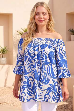 Roman Blue Curve Printed Bardot Top - Image 2 of 7