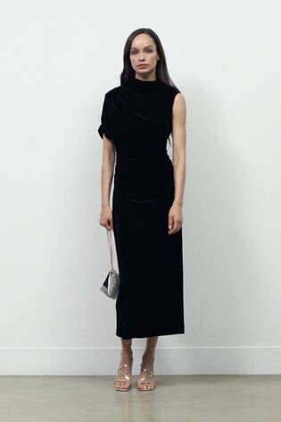 Reiss Black Nara Velvet Draped-Neck Ruched Midi Dress - Image 2 of 9