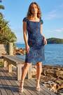 Roman Blue Petite Leaf Print Gathered Stretch Dress - Image 2 of 6