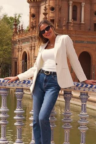 Sosandar Cream Pinstripe Linen Blazer - Image 2 of 5