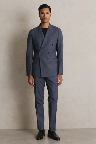 Regular-Fit Double-Breasted Sharkskin Wool-Blend Suit Blazer in Airforce Blue - Image 2 of 10