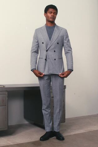 Double-Breasted Blazer in Wool-Blend Pinstripe in Soft Grey - Image 2 of 9