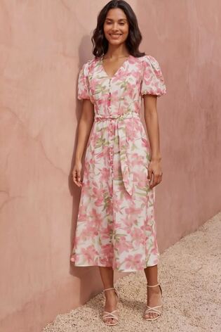 Roman Pink Floral Print Puff Sleeve Midi Dress - Image 2 of 5