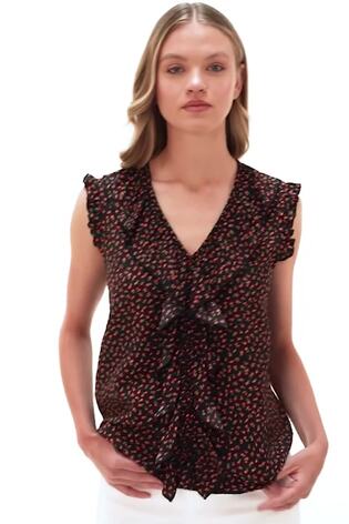 Roman Black Floral Print Ruffle Front Vest Top - Image 2 of 6