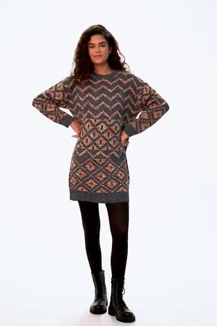 Roman Blue Geometric Print Jacquard Knitted Jumper Dress - Image 2 of 6
