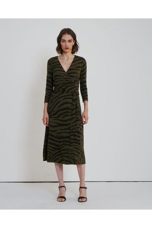 Lauren Ralph Lauren Khaki Green Zebra Print Wrap Carlyna Stretch Midi Dress - Image 1 of 1