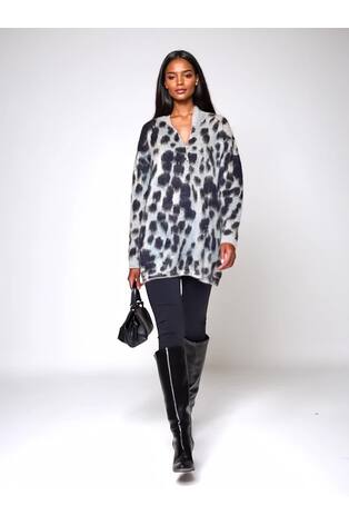 Religion Animal Print Erin Knitted Funnel Neck Jumper Dress In Grey Animal Leopard Print - Image 2 of 7
