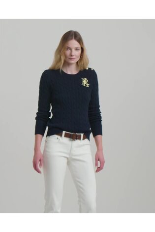 Lauren Ralph Lauren Button Trim Cable Knit 100% Cotton Jumper - Image 2 of 9