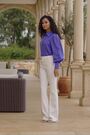 Sosandar Purple Linen Blend Blouson Sleeve Shirt - Image 2 of 6