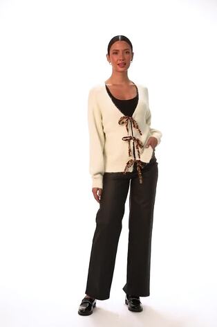 Roman White Leopard Print Tie Front V-Neck Cardigan - Image 1 of 1