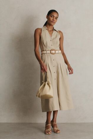 Linen Belted Sleeveless Midi Dress in Neutral - Image 2 of 6
