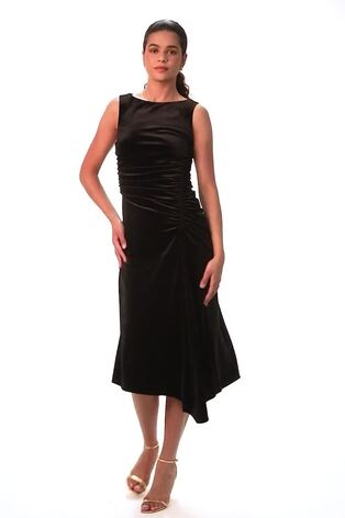 Roman Black Velvet Floral Print Ruched Midi Dress - Image 2 of 6