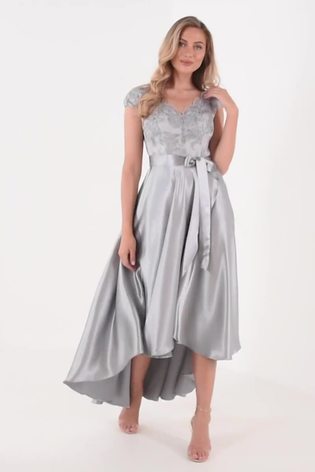 Buy Quiz Silver Lace Bardot Dip Hem Dress from Next Luxembourg