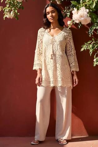 Roman Natural Crochet Tie Tunic - Image 2 of 7