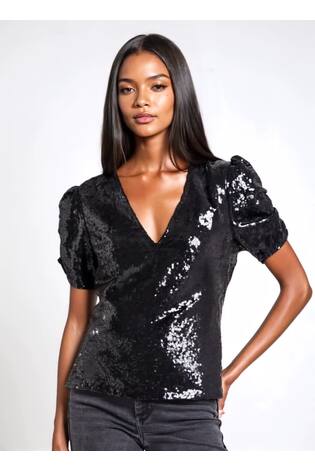 Religion Black Fully sequined Naomi Top With Puff Sleeve - Image 2 of 6