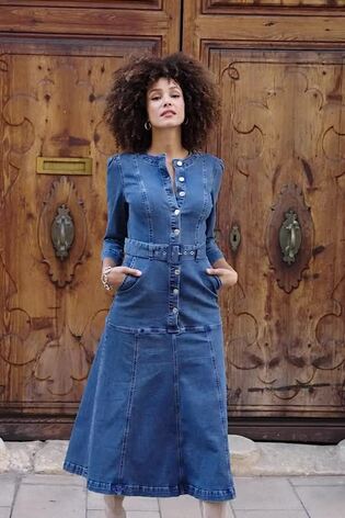 Sosandar Blue Panelled Skirt Button Front Denim Dress - Image 2 of 6