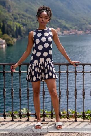 Roman Blue Spot Print Pleated A-Line Dress - Image 2 of 6