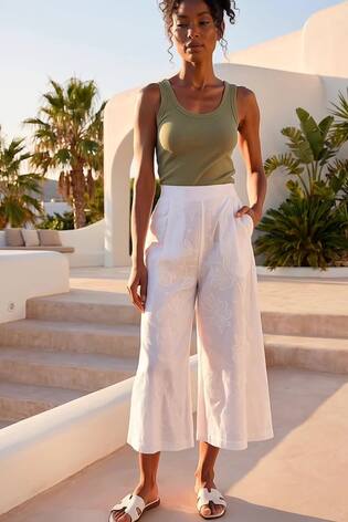 Roman White Textured Floral Cropped Wide Leg Trousers - Image 2 of 5
