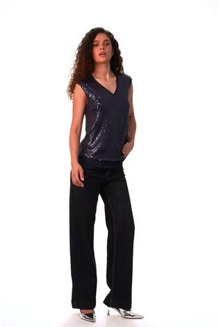 Roman Blue Sequin V-Neck Tunic Stretch Top - Image 2 of 6