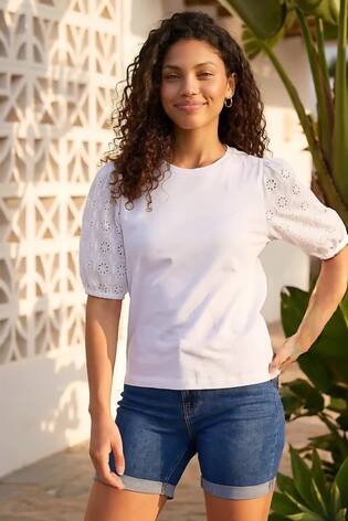 Roman White Petite Embroidered Puff Sleeve Top - Image 2 of 5