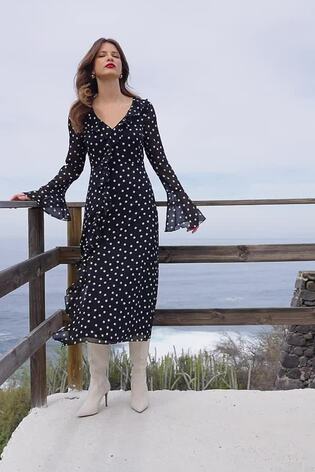 Sosandar Black Petite Asymmetric Frill Midaxi Dress With Fluted Cuff