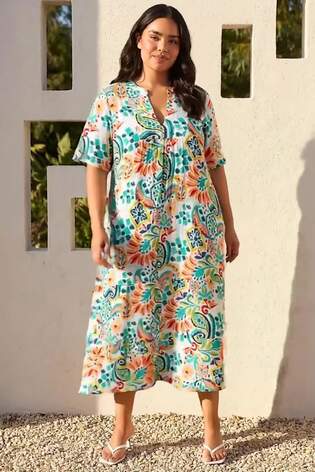 Roman Blue Curve Printed V-Neck Midi Dress - Image 2 of 7