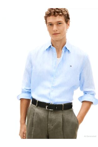 Tommy Hilfiger Cloudy Blue / Stripe Regular Fit Bengal Stripe Pure Linen Shirt - Image 2 of 6