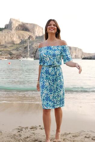 Buy Sosandar Blue Mark Bardot Stripe Tie Waist Dress from Next Luxembourg