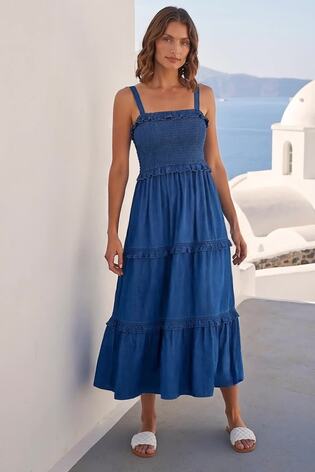 Roman Blue Petite Shirred Tiered Dress - Image 2 of 5