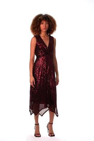 Roman Purple Sequin Wrap Twist Front Midi Dress - Image 2 of 6