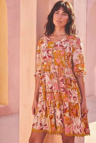 Roman Orange Patchwork Smock V-Neck Dress - Image 2 of 5