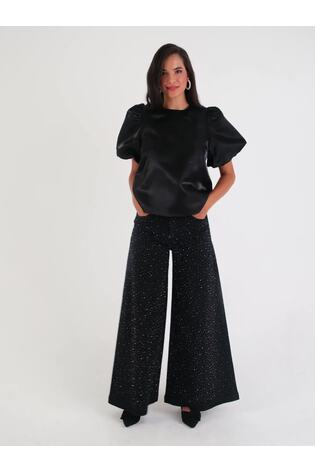 Amy Lynn Black Aurora Puff Sleeve Satin Tie Top - Image 2 of 5