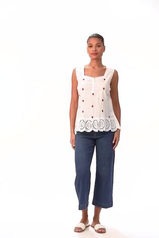Roman White Strawberry Embroidered Crinkle Vest Top - Image 2 of 5