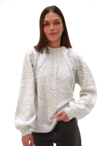 Roman Grey Pearl Embellished Cable Knit Jumper - Image 2 of 6