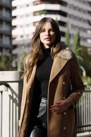 Sosandar Brown Longline Faux Wool Coat With Faux Fur Collar