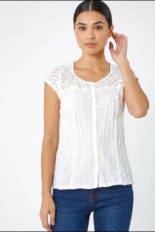 Roman White Lace Yoke And Sleeve Crinkle 100% Cotton Blouse - Image 2 of 6